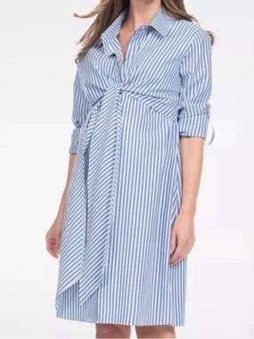 Seraphine Maternity Shirt Dress Blue White Striped Nursing Tie Front Size 6